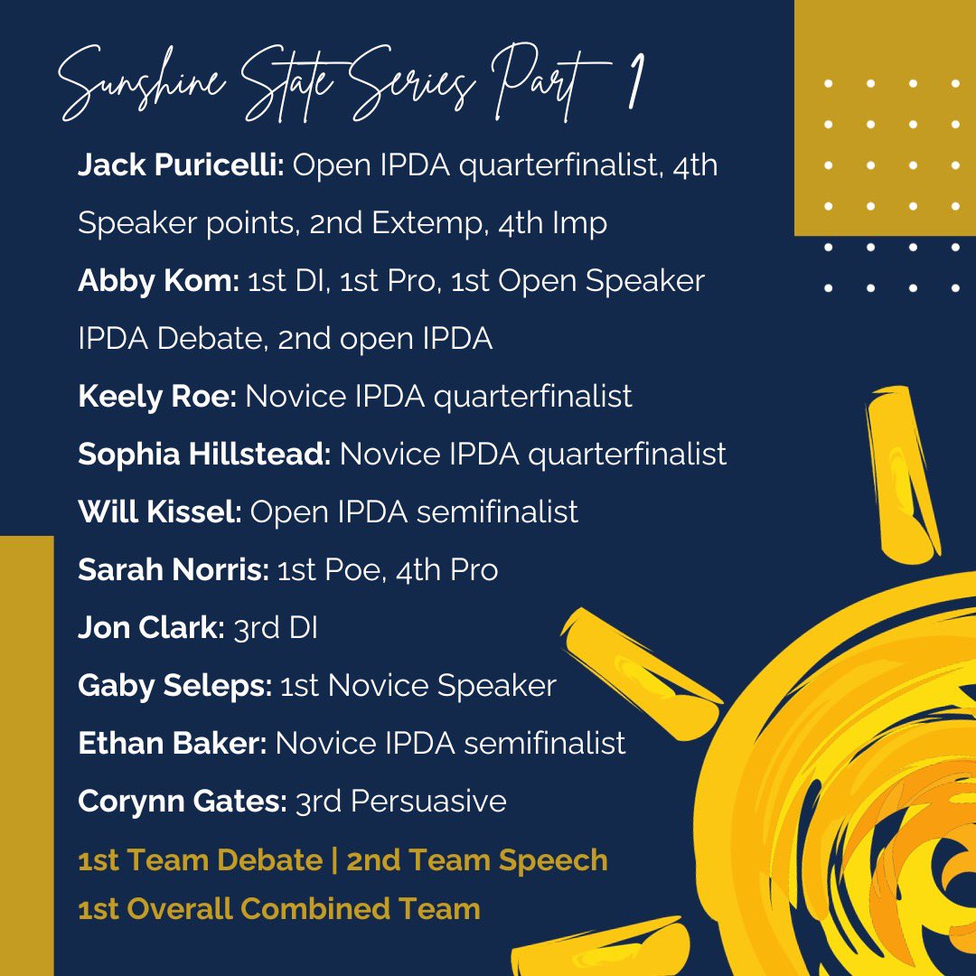 DAWGSspeak's tweet photo. What an exciting first tournament! Three debate novices breaking IPDA, Gaby Seleps winning top speaker, and Abby Kurek’s first break?! Not to mention Butler taking home the gold in combined team sweeps!? If this is the start of the season, we can’t imagine the finish! https://t.co/tdStAuH2Lt
