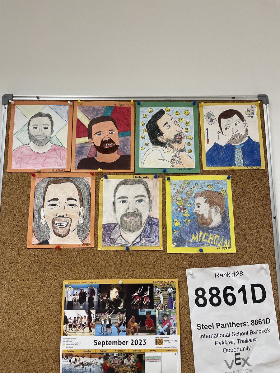 mabycraft's tweet photo. I finally put up one of my favorite things from my time at Korea International School. MS art students would draw each teacher’s portrait, and there would be a billboard with all of our pictures on it. At the end of the year you would get yours.

#kispride #teachersoftwitter https://t.co/wl5JJ8wKjs