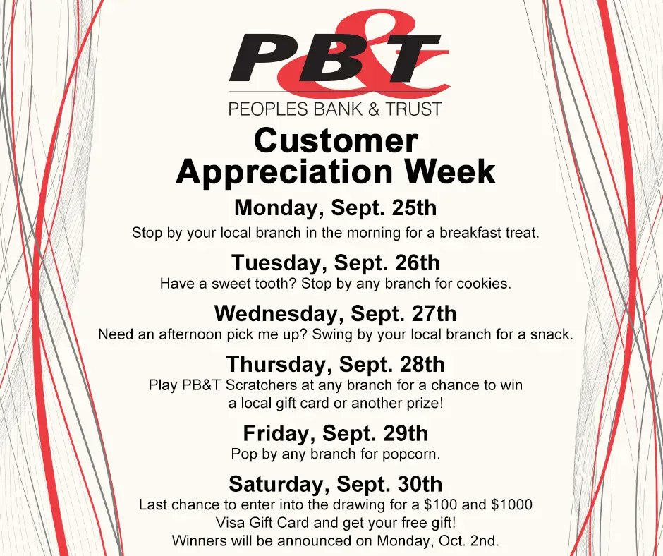 PeopleBankTrust's tweet photo. Do you know what tomorrow is???

It's the start of Peoples Bank &amp; Trust Customer Appreciation Week!
Stop by any local branch, any day this week and join in on the fun!
We have give-a-ways, treats and the chance to win a $1,000 Visa Gift Card!
Hope to see you soon! https://t.co/KOxrv7OT5s
