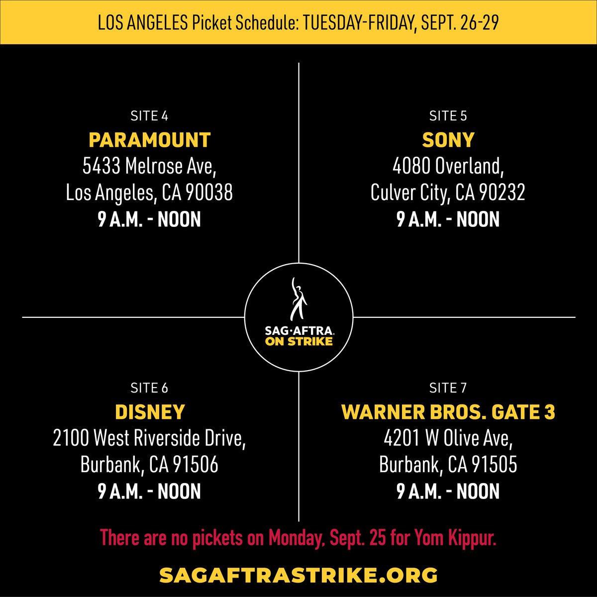 sagaftra's tweet photo. This Week's Picket Schedule: 🗓️ Check out our picket schedule &amp; mark your calendars. Let's keep the momentum going!

Remember, ALL pickets will be closed on Monday, 9/25 for Yom Kippur.

NYC, join the UAW Solidarity Picket with WGAEast &amp; NYC-CLC on Wednesday, 9/27 at Amazon/HBO! https://t.co/zchdpu47jE