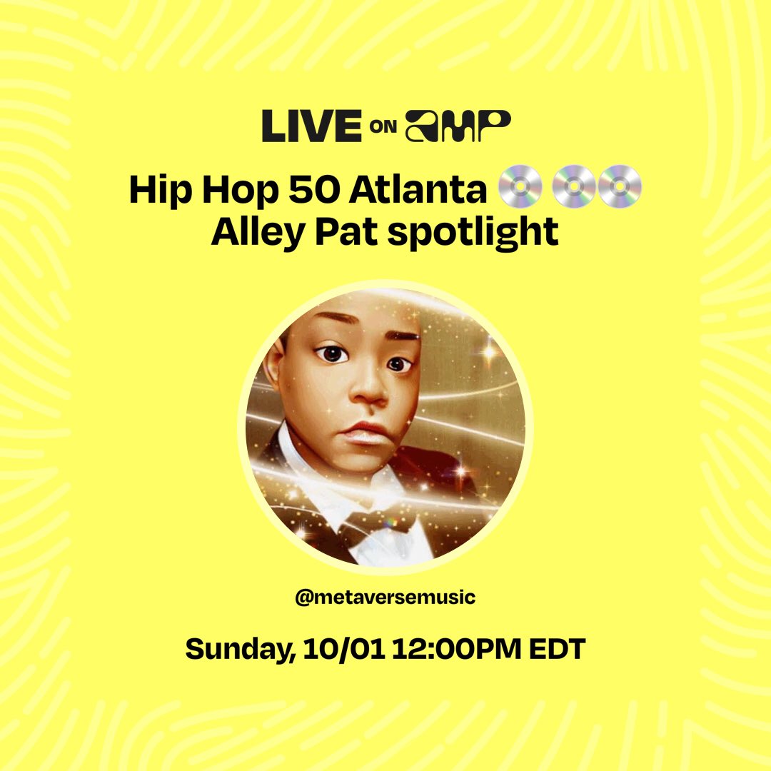 Good Morning ☀️…. Check out ✅  Hip Hop 50 Atlanta 💿💿💿Spotlight Alley Pat with host @seriouslord live @onamp Oct. 1 at 12 noon! 
Follow me to listen! live.onamp.com/metaversemusic 

#liveonamp #onamp #freeradio #listenfree #musiclovers #musicloversonly #newmusicalert #newmusic