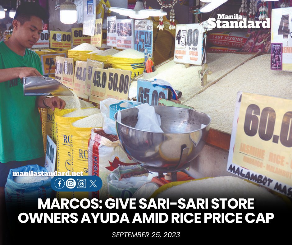 mnlstandardph's tweet image. #MSFrontPage| President Bongbong Marcos Jr. has ordered the Department of Social Welfare and Development #DSWD to also distribute #cashassistance to sari-sari store owners affected by the #priceceiling on #rice, the Palace said Sunday.
READ:
manilastandard.net/news/top-stori…