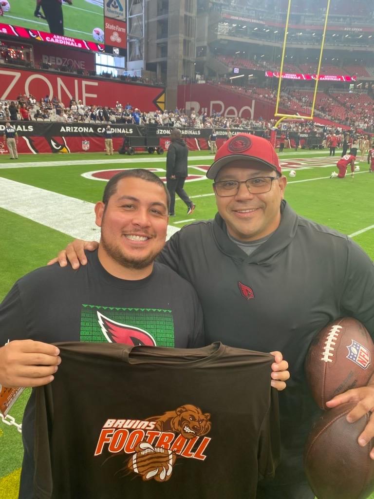 TGBHS_BRUINS's tweet photo. TGB's very own head football coach, Francisco Rangel, was repping TGB on the Arizona Cardinals sideline today.  Way to go, Coach Rangel.  Your hard work and dedication are truly noticed! #onceabruinalwaysabruin #championsofexcellence #thisiswhoweare #pxunext #tgbrocks https://t.co/6suu545wOc