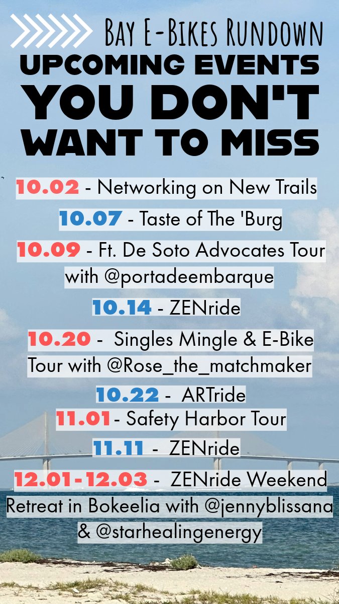 bay_e_bikes's tweet photo. Checkout our upcoming tour lineup!

For more info or to book head to https://t.co/vYhuAeU40y

#StPeteAdventures #EbikeTours #ExploreStPete #LocalArtists #ArtRide #OutdoorArt #NatureInspired #StPeteCulture #CommunityEvent #CreativeExploration #ArtisticAdventure #OutdoorExperience https://t.co/rgmsrTgUCN