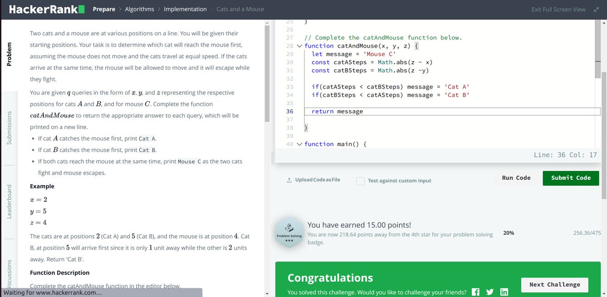 'Cat and mouse'  HackerRank javaScript solution  @RebaseAcademy