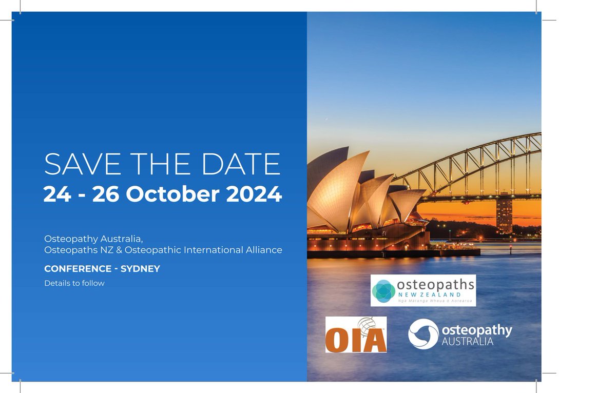 Save-the-Date: our 2024 OIA Annual General Meeting & Conference will take place from October 24 - 26, 2024 in Sydney, Australia! Thank you to our host members, Osteopathy Australia & Osteopaths New Zealand. Visit oialliance.org/events for more info. We hope to see you there!