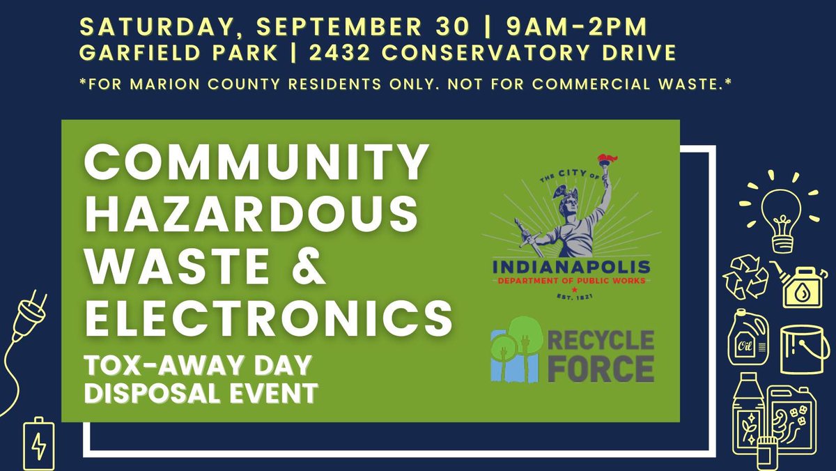 marcdb21's tweet photo. If you're in the Indy area, don't miss out on @RecycleForce's "Tox-Away Day" on September 30! Find more info here https://t.co/K8FIIs7WFt https://t.co/y6SCqcte4H
