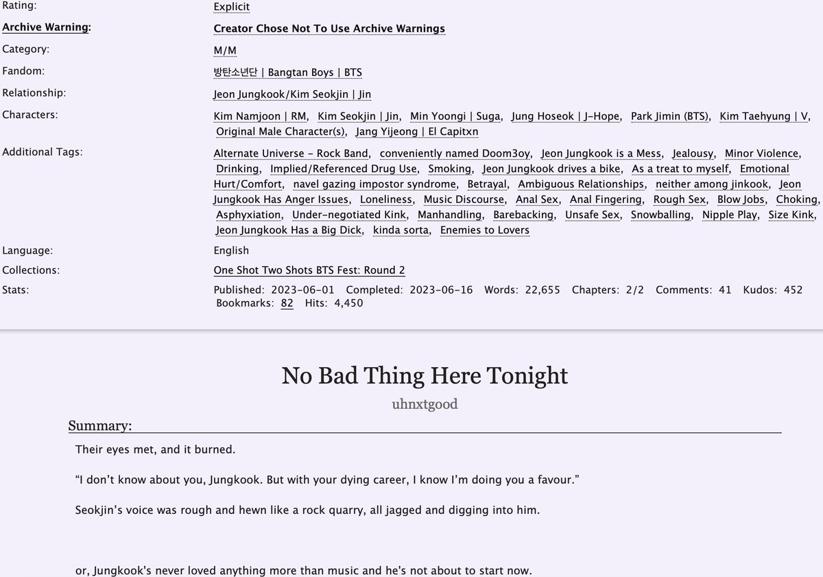 ♡ no bad thing here tonight — uhnxtgood
・❥・ jinkook
・❥・ one shot (two shot)  

IF YOU HAVEN'T READ THIS GO READ IT NOW. favorite one shot ever. so well written. also rocker jungkook   

archiveofourown.org/works/47573587…