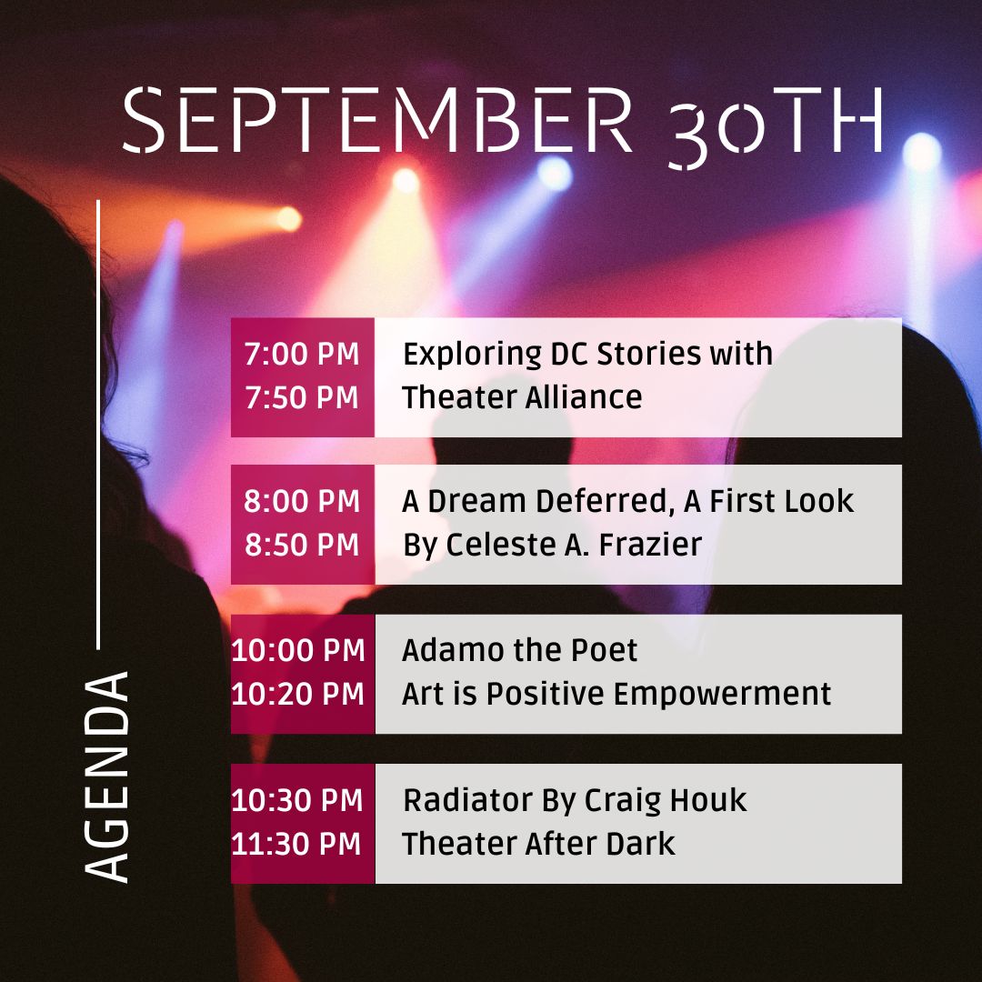AnacostiaPHouse's tweet photo. ==> Schedule - September 30th - Art All Night
#ArtAllNight #Anacostia #DMV #DMVArt #Art #Theater #TheaterLife @dcartallnight @TheDCArts
#AnacostiaPlayhouse #ThePlayhouseAnnex #AnacostiaDriveThruArtGallery #ArtGallery #Artists https://t.co/G1JiyKlOr6