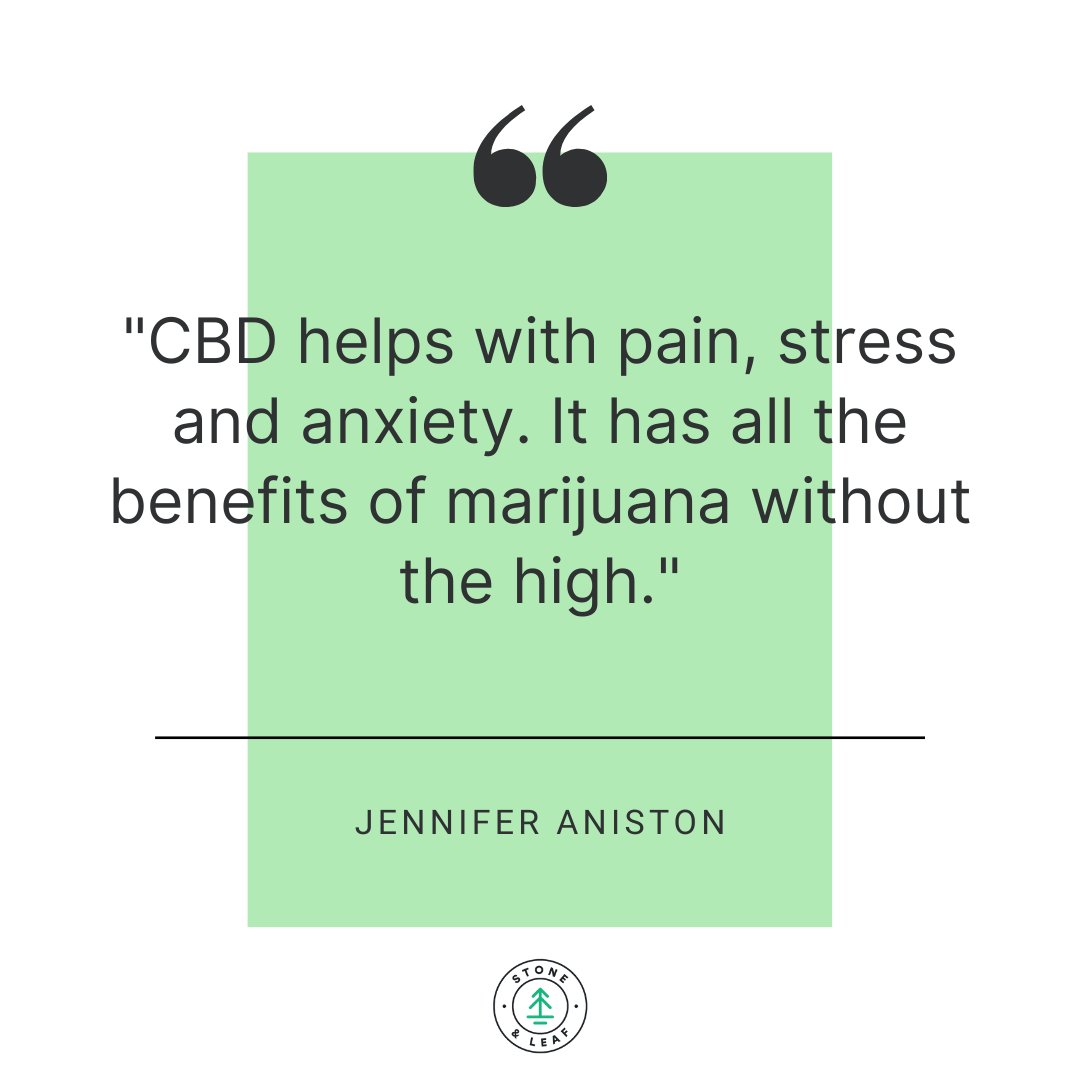 StoneandLeafCBD's tweet image. Jennifer Aniston on CBD: &quot;It helps with pain, stress, and anxiety... without the high.&quot; 🌿 Dive into the world of natural wellness with us. #StoneAndLeaf #CBDInsights #CelebQuotes