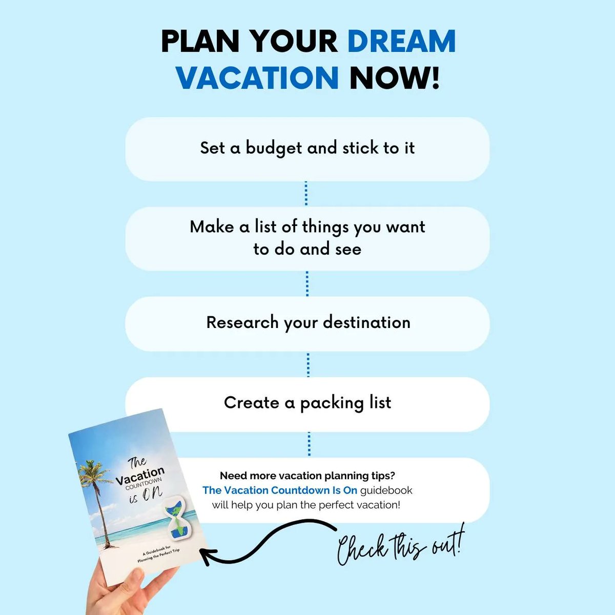 vacation_cd_app's tweet image. Ready to plan the vacation of your dreams? 🌍 Follow these steps to get started! 
What&apos;s your #1 dream destination? Drop it in the comments below📲
.
.
.
#VacationCountdownApp #VacationCountdown #CountdownApp #PlanToPlay #vacationtime #budgettraveler #traveltheworld #travelplans