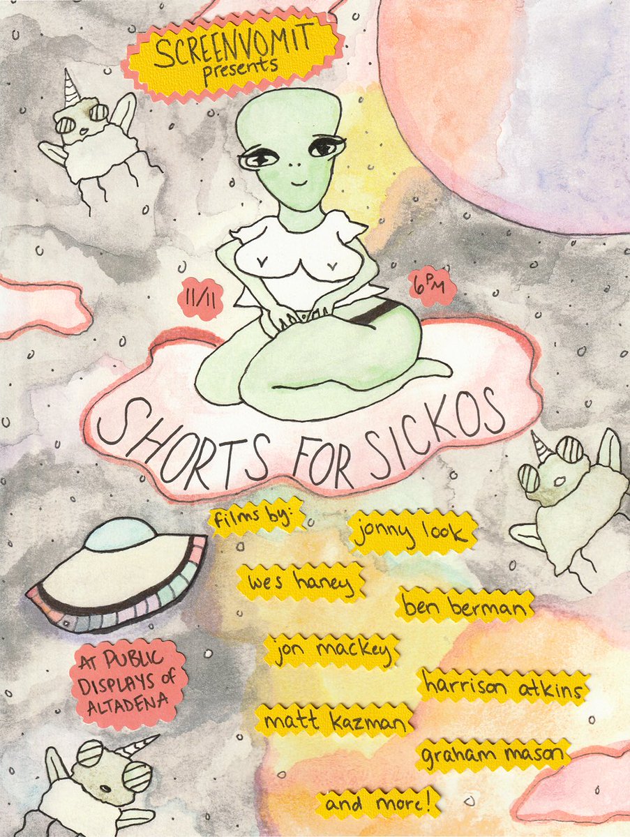 ScreenVomit live gig in LA 11/11! 
Come see some sick a** shorts by
Harrison Atkins (new!)
Jonny Look (new!)
Alex Kavutskiy (new!)
Graham Mason
Jon Mackey
Nino Mancuso &amp; Sean Wing
Chris Fanelli
Matt Kazman
Wes Haney &amp; Doron Max Hagay
&amp; Ben Berman!
tix at screenvomit.com!