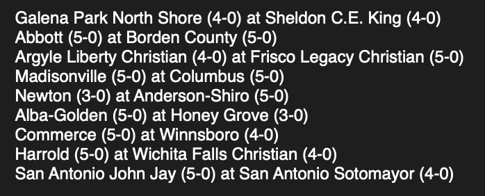 There are nine matchups of unbeaten teams in Week 6 of the Texas high school football season. #TXHSFB