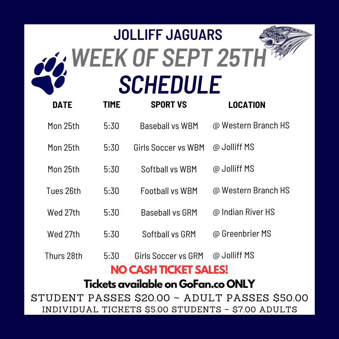 JolliffMiddle's tweet photo. 📢 Calling all sports fans!! 

Fall Sports begin tomorrow!! Check out this week’s lineup of games and locations📍

Make sure you have purchased your tickets on https://t.co/F33bIJsBWK 🎟️ (no cash sales at the gate!)

#fallsports #GameOnJags #LevelUpJMS #seasonopeners⚾️🥎⚽️🏈📣 https://t.co/qEck2gDnrO
