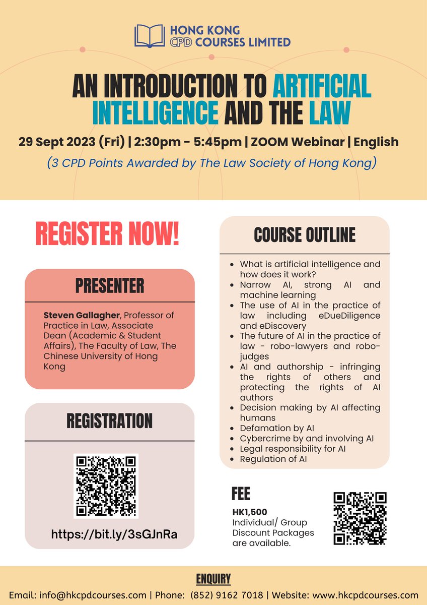 stevecuria's tweet photo. Still time to book CPD seminar this Friday 29 September, An Introduction to Artificial Intelligence and the Law. What AI is, LLMs (Large Language Models), 
 robots, autonomous vehicles and weapons, responsibility, liability, and ownership including IP, and robot moral rights https://t.co/2rA0LHgVdV