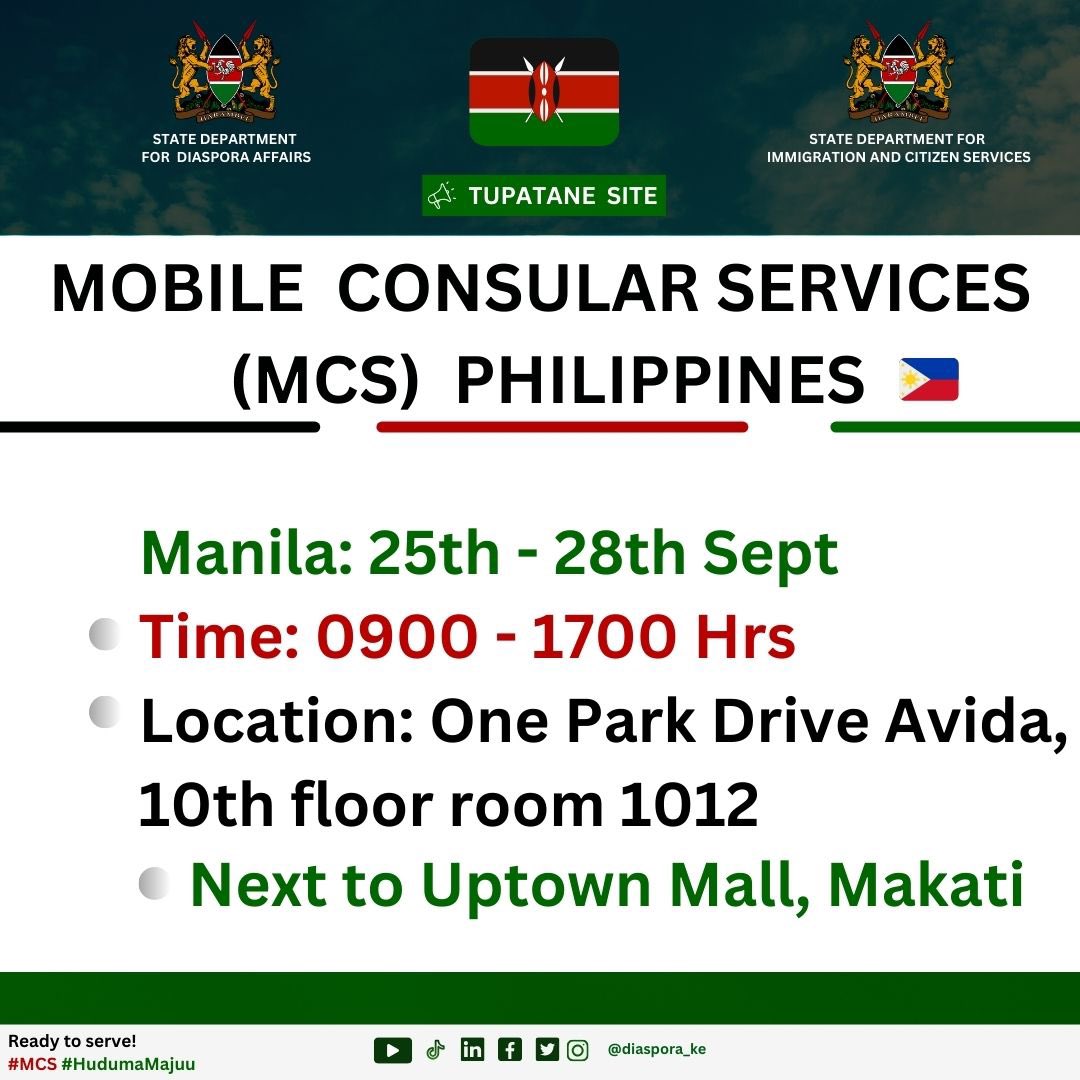 roselinenjogu's tweet image. Happening Now!
Kenyans 🇰🇪 in the Philippines 🇵🇭, mobile consular services are in your neighborhood! Our team is in Manila and then Cebu. Passports, IDs, etc!
#MCS2 @Diaspora_KE @Diaspora_KE @KEJakarta21