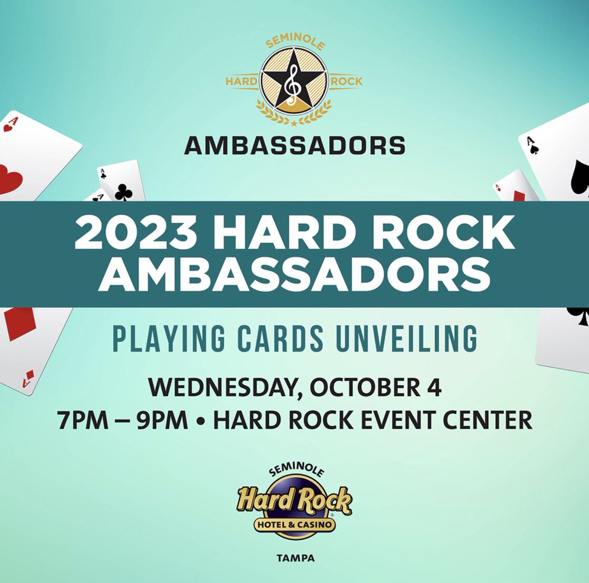 Who’s coming?? Seminole Hard Rock Ambassador Playing Cards Unveiling 🎉

🗓  Wednesday, October 4th
📍 Event Center <a href="/SHRTampa/">Seminole Hard Rock Tampa</a>  
⏰ 7:00pm
🎤 Brian Fink <a href="/brianfink/">Brian Fink 🎙</a>
🌳🌊🌎🤝All proceeds go towards <a href="/KeepTBB/">Keep Tampa Bay Beautiful</a>!! See you all there 🥳 
#HardRockTampa