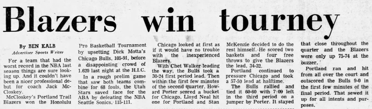 77Blazers's tweet photo. Sept 24 1972 - The @trailblazers won the Pro Basketball Classic, defeating @chicagobulls 105-91, in Honolulu

#SidneyWicks led Portland w/22 pts &amp; 11 rebs w/#GeoffPetrie adding 21 pts. #ChetWalker led #Bulls w/25 pts while #HowardPorter scored 19

#RipCity https://t.co/nGHEVxMhRk