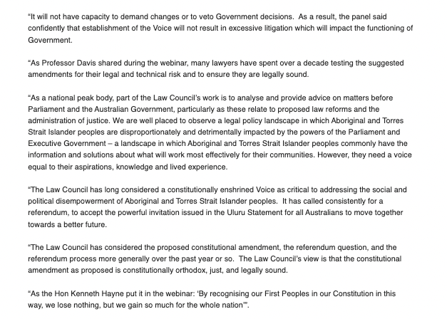 JoshButler's tweet photo. the Law Council of Australia says the Indigenous Voice is "constitutionally orthodox, just, and legally sound"

"the Voice will only be able to make representations to Parliament and the Executive, just as bodies such as the Law Council do on a regular basis" https://t.co/YAMQNs945v