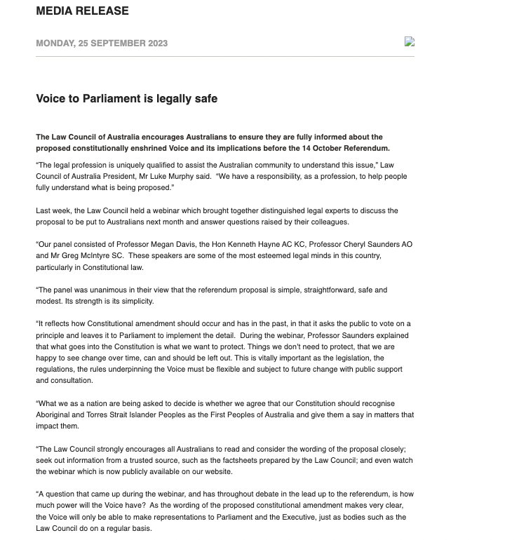 JoshButler's tweet photo. the Law Council of Australia says the Indigenous Voice is "constitutionally orthodox, just, and legally sound"

"the Voice will only be able to make representations to Parliament and the Executive, just as bodies such as the Law Council do on a regular basis" https://t.co/YAMQNs945v