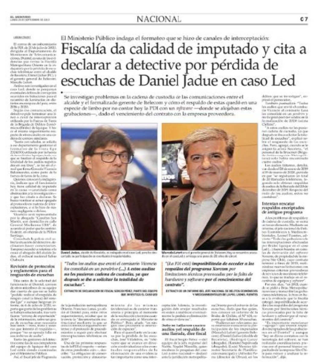 pablolirar's tweet photo. 🚨Fiscalía da calidad de imputado y cita a declarar a detective por pérdida de escuchas del alcalde comunistade #Recoleta, @danieljadue en caso Led.
Se investigan problemas en la cadena
de custodia de las comunicaciones
entre el alcalde y el formalizado
gerente de #Itelecom. https://t.co/89neDJOa41