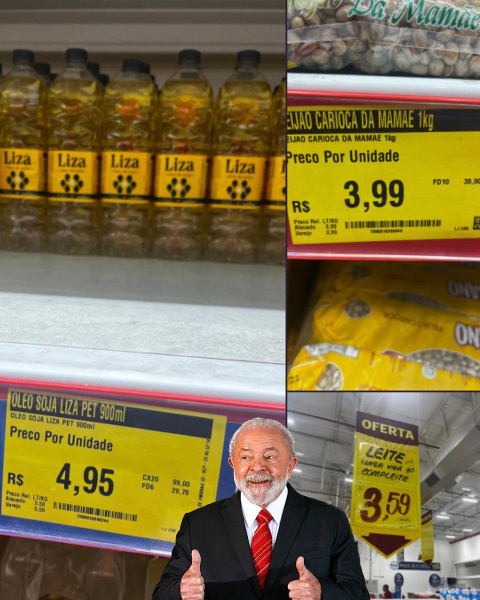 dr_nesio's tweet photo. Hoje fui ao mercado e encontrei mais excelentes motivos para termos feito o L vigorosamente 🤩

Me lembro que o óleo de soja passou de 15 reais na última gestão. O litro de leite passou dos 8 reais e o feijão era mais de 10 reais. 

Obrigado presidente @LulaOficial https://t.co/Q1WS4O4X7l