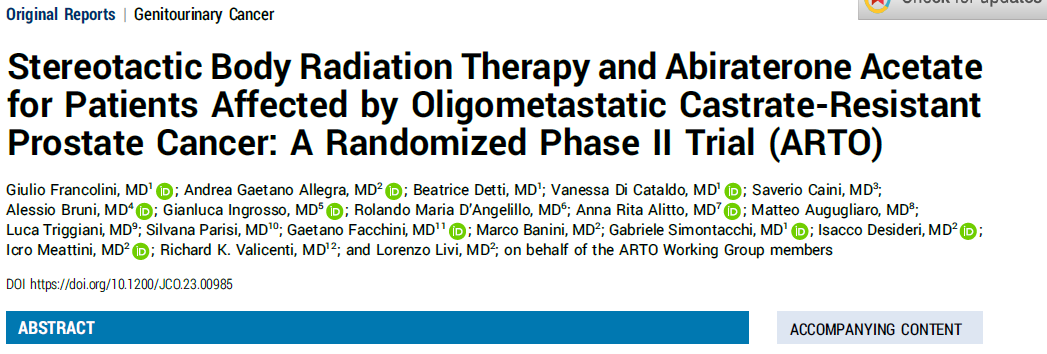 _ShankarSiva's tweet photo. 🇮🇹 ARTO team RCT in mCRPC;
- 157 mCRPC randomized ph II trial of Abi vs Abi+SBRT on oligometastatic #prostatecance (3 or less)
- mostly staged with Choline (~65%) or PSMA PET (~25%)
- HR for PFS 0.35 (P < .001) in favour of Abi+SBRT arm
#radonc #pcsm @ChrisSweens1 https://t.co/07pBRZ4gyQ