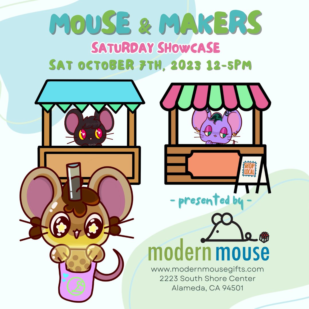 modernmouse's tweet photo. The next Saturday Showcase artists are ready to meet you! 😍 Join us on Saturday Oct 7th 12-5pm for Mouse & Makers, featuring: @RagavonDesigns, @minominoten, & #mtparts!
Modern Mouse Maker Market is located at 2223 South Shore Center in Alameda. 🐭
#modernmouse #alameda https://t.co/DL4pLT4Xej