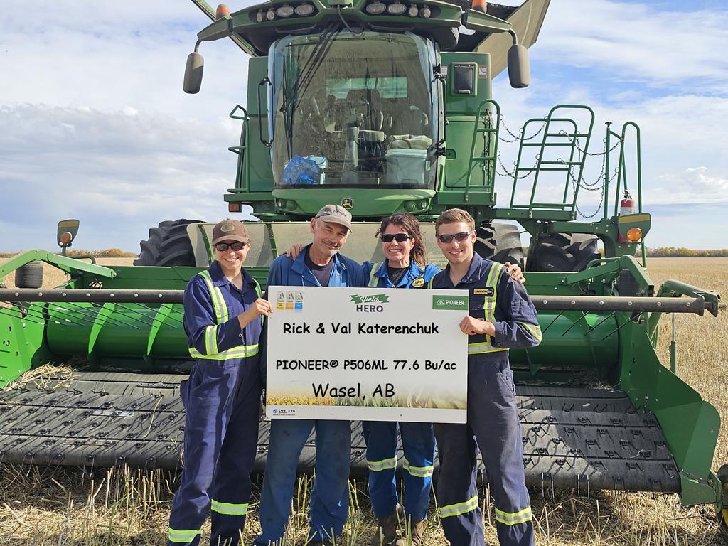 Rick &amp; Val along with their children, Wyatt, Jessica &amp; Alyson on the home stretch of harvest 2023. I know this #P506ML works almost as hard as they do! Thank you for growing PIONEER hybrids! #YieldHero23 <a href="/PioneerSeedsCA/">Pioneer Seeds Canada</a>