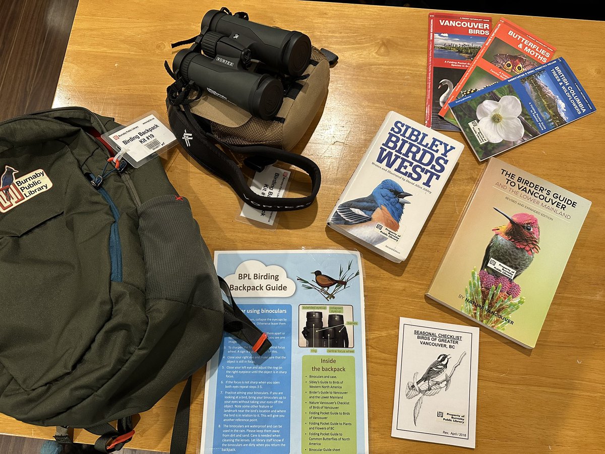 A RARE bird was found in Squamish yesterday and I wanted to go look for it…
But I forgot my binoculars in Victoria 😱
Never fear, <a href="/burnabypl/">Burnaby Public Library</a> is here! My partner’s library card got us a backpack with <a href="/VortexOptics/">Vortex Optics</a> binoculars and field guides galore! This is one of 23 such kits 🤩