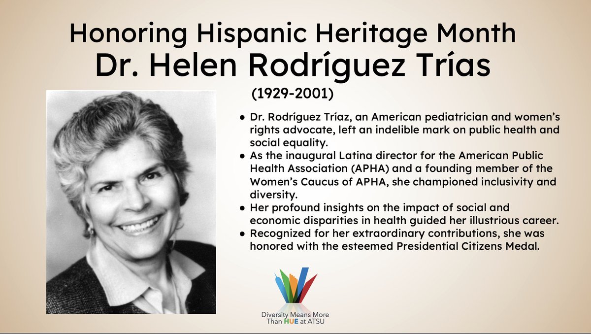 ATSUDiversity's tweet photo. Dr. Helen Rodríguez Trías was a pediatrician &amp; women’s rights advocate who left an indelible mark on public health &amp; social equality. She was the inaugural Latina director for the American Public Health Association (APHA) and a founding member of the Women’s Caucus of APHA. https://t.co/EsD1nRzUhy