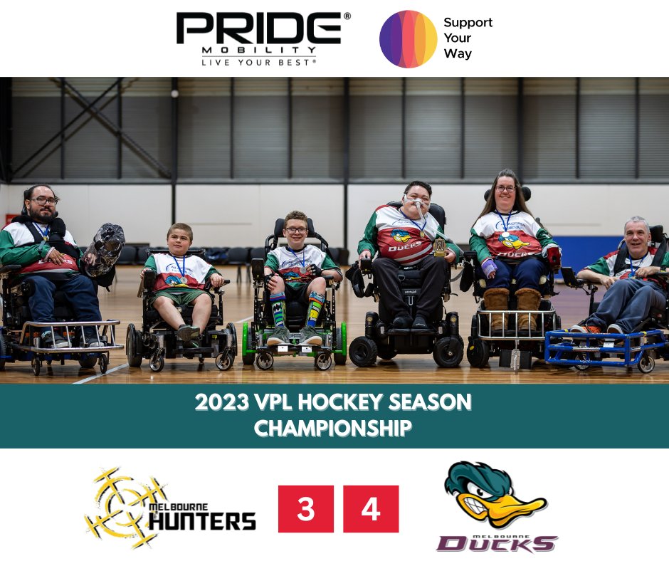 𝗖𝗛𝗔𝗠𝗣𝗜𝗢𝗡𝗦! Your Melbourne Ducks are the 2023 Powerchair Sports Victoria Hockey Champions!

𝗣𝗼𝗶𝗻𝘁𝘀: Luke David 4

Missed the game? Watch the replay here: youtube.com/watch?v=8Qh4-D…