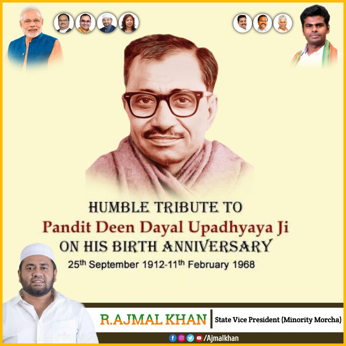 ajmalkhan_bjp's tweet image. Remembering the man who shaped a finest political party on world political arena, a Multi talented man, great thinker,#pandit #DeenDayalUpadhyaya on his 106th Jayanthi.

#DeenDayal ji&apos;s valuable contribution to mankind #EkatmaManavaDarshan is
great concept of Integral Humanism.