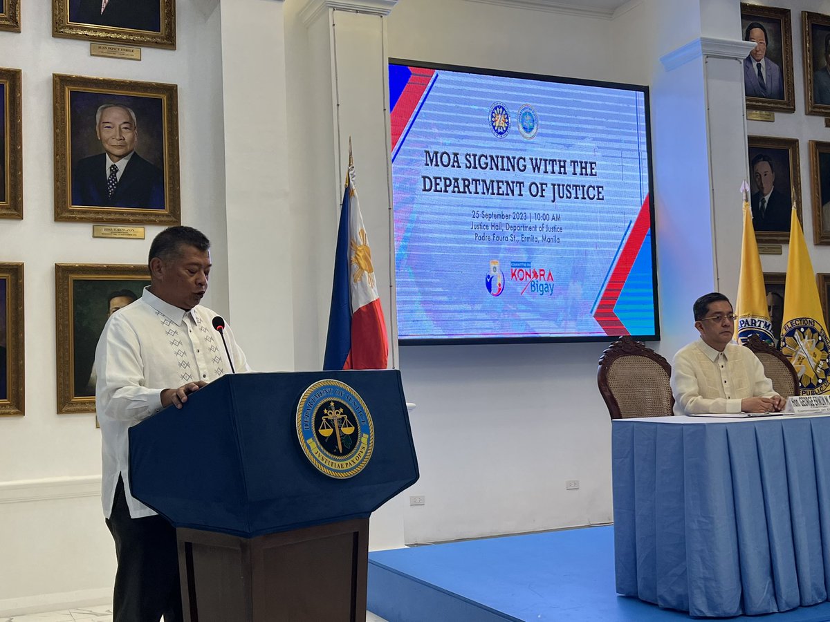 ATM: SOJ Remulla emphasizing the need to safeguard electoral integrity &amp; prosecute vote buying and other election offenses during the “Kontra Bigay” MOA signing between DOJ and Comelec.
