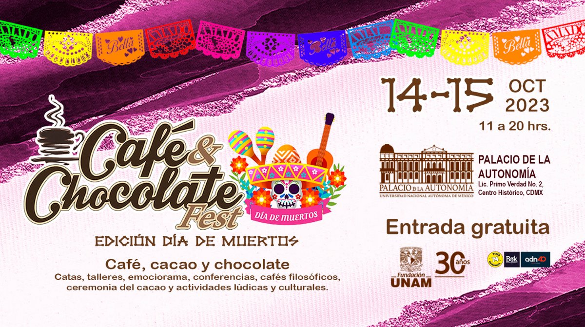 Fundacion_UNAM's tweet photo. No te puedes perder la próxima edición de "Café &amp; Chocolate Fest" Edición "Día de Muertos" 💀 en el @Museo_Autonomia este próximo 14 y 15 de octubre de 11:00 a 20:00 horas. ☕🍬
👉Entrada gratuita. 
¡Te esperamos! https://t.co/ZylslEVpog