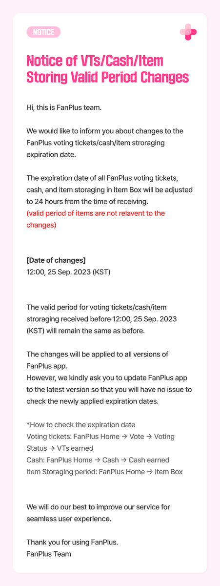 fanplus_app's tweet photo. ⚠[공지] 팬플러스 투표권/캐시/보관함 유효기간 조정 안내
⚠[NOTICE] FanPlus VTs/Cash/Item Storing Valid Period Changes https://t.co/n2djnEC6cJ