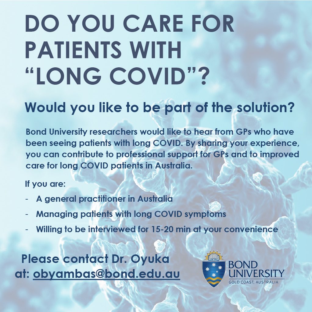 Attention Australian GPs: I’m interviewing GP about their experience in dealing with Long COVID patients in the past 3 years: challenges of diagnosis, management,  and specially about the most important help and support GPs need to deal with this challenging new condition👇🏻📧
