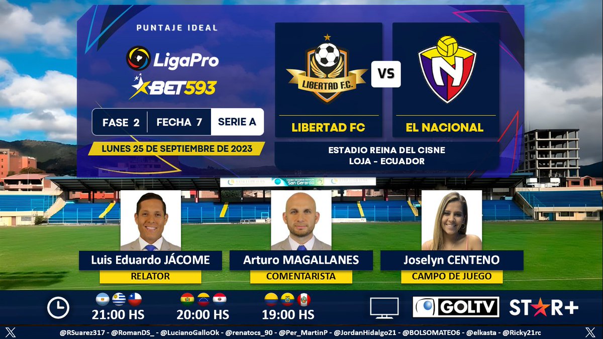 PuntajeIdealEC's tweet photo. ⚽ #LigaProBet593 🇪🇨 | @LibertadFC3 vs. @elnacionalec 
🎙 Relator: @LuisEduJacome
🎙 Comentarista: @Arturo_M13
⛳️ Campo de juego: @Joselyncentenob
📺 @GolTV Latinoamérica
💻📱@StarPlusLA Latinoamérica
🤳 #LigaProxGolTV
Dale RT 🔃 https://t.co/d0esDxufU9