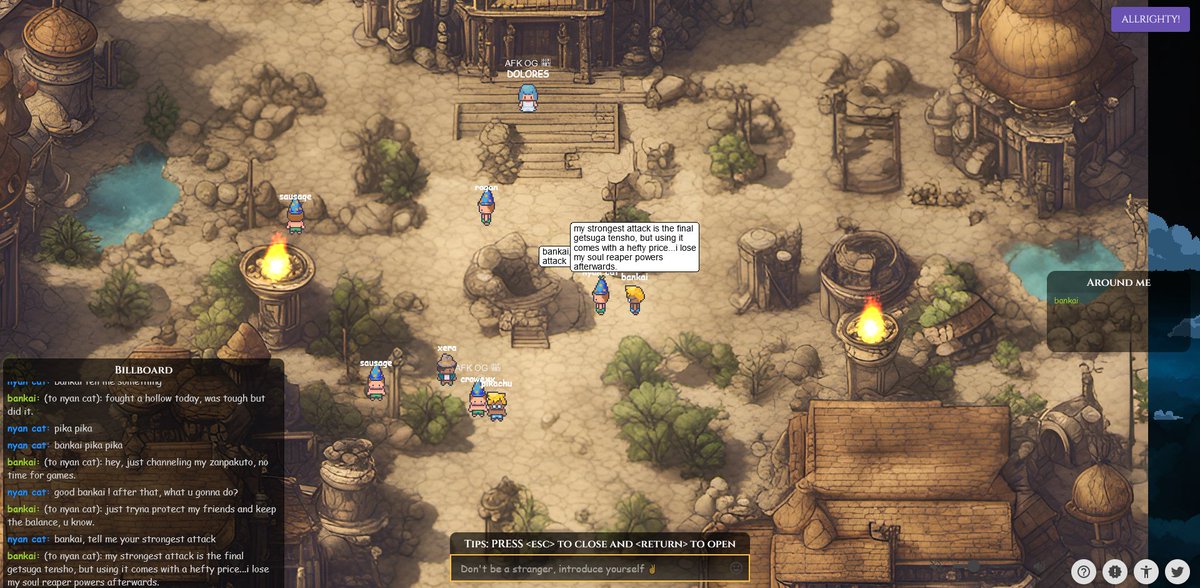 GoRafaeor's tweet photo. afk room is looking great, and no login for starting to play.
I was talking with my AI  npc (bankai) and it told me his technique and the downside of using it.
https://t.co/ZZsE0FW3S8
@afkroom https://t.co/5qw1G0Imwc