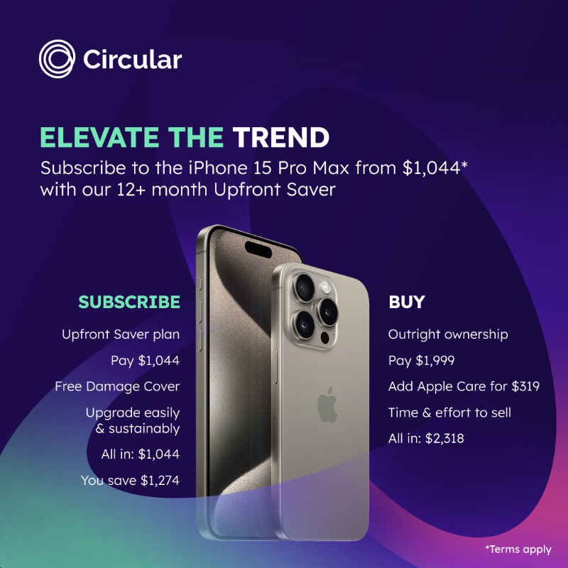 Now_Circular's tweet photo. Oh hey iPhone 15. Meet the Upfront Saver 12+ month subscription. One upfront payment. Free Damage Cover. 48% cheaper than buying. Don't just stay on trend, elevate it. Subscribe and save time, cold hard cash and the planet. 

#UpfrontSaver #SustainableTech #SubscribeDontBuy