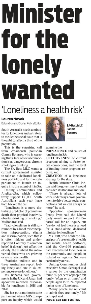 The impacts of loneliness aren’t known – and need to be! And for the record, we don’t need a stand-alone Minister – but for the portfolio to be separated from whatever multi-agency it currently comes under & elevated in status. @UCommunitiesSA @AnglicareSA