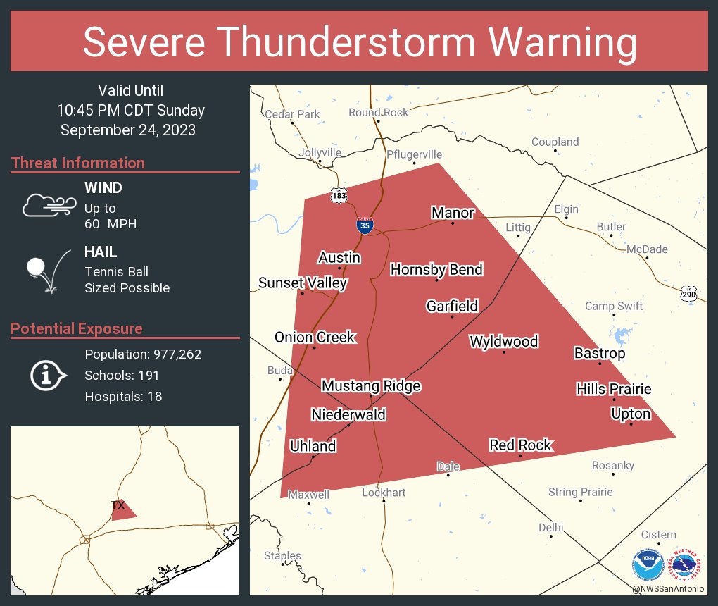 Severe Thunderstorm Warning continues for Austin TX, Bastrop TX and  Hornsby Bend TX until 10:45 PM CDT. This storm will contain tennis ball sized hail!