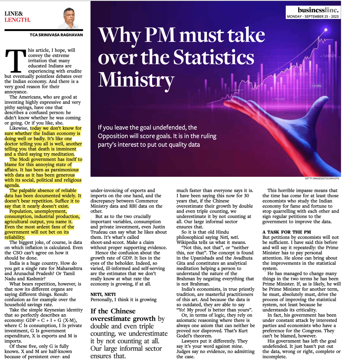 beastoftraal's tweet photo. "Today we don’t know for sure whether the Indian economy is doing well or badly."

"There are broadly two views on the Indian economy. One is untrammelled boosterism, supported by a set of rosy data. Another view is sceptical of such an inference based on a different data set. There are enough data points to support both sides, which makes for, what I call, an economic data fog, leaving us confused about where the economy is truly headed."