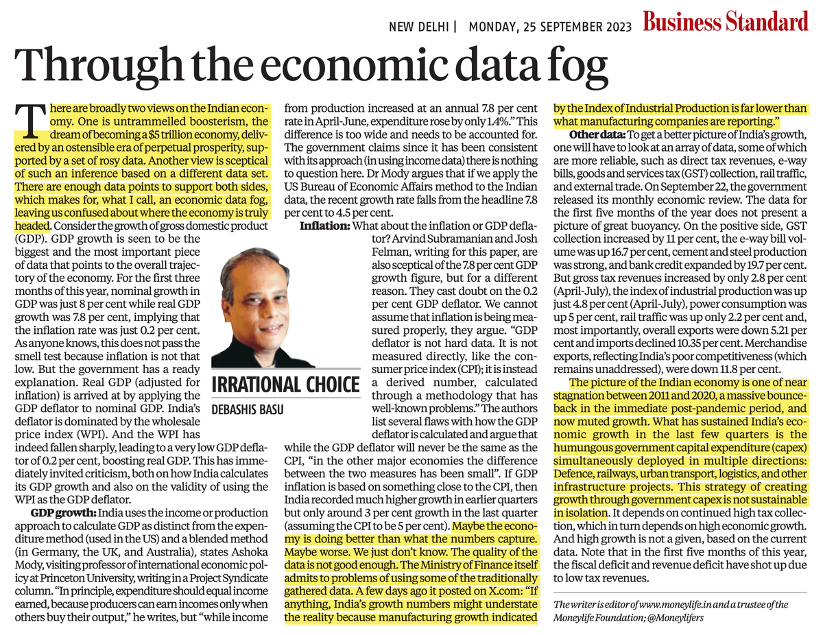 beastoftraal's tweet photo. "Today we don’t know for sure whether the Indian economy is doing well or badly."

"There are broadly two views on the Indian economy. One is untrammelled boosterism, supported by a set of rosy data. Another view is sceptical of such an inference based on a different data set. There are enough data points to support both sides, which makes for, what I call, an economic data fog, leaving us confused about where the economy is truly headed."