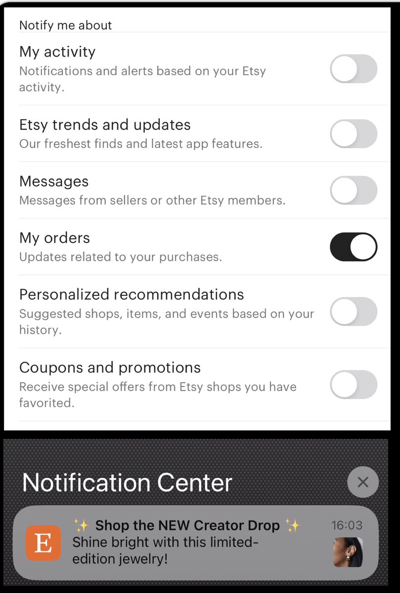 ThomasSmailus's tweet photo. Hey @Etsy riddle me this. 
With all my push notifications set to only send notifications about my purchases, why they hell are you pushing this nonsensical ad junk mail notifications?  This is how you loose all notification privileges. https://t.co/vqZhwpLbDo