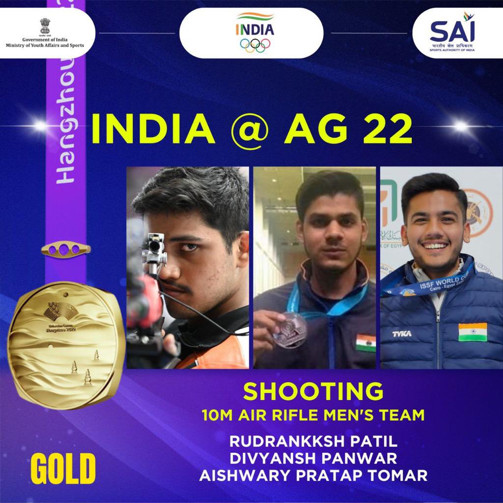 भारत ने #AsianGames🥇🇮🇳 में पहला स्वर्ण पदक जीता 10 मीटर एयर राइफल पुरुष टीम स्पर्धा में स्वर्ण पदक जीतने और 1893.7 के असाधारण स्कोर के साथ टीम स्पर्धा में एक नया विश्व रिकॉर्ड स्थापित करने के लिए #TOPScheme निशानेबाजों की तिकड़ी को बहुत-बहुत बधाई। पूरे देश को आपकी असाधारण टीम
