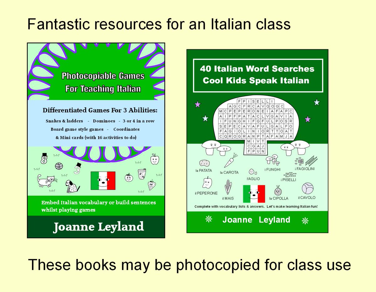 FunItalian_kids's tweet image. Looking for some good resources for your Italian class?  Photocopiable Games For Teaching Italian is ideal for classes of different abilities.  And 40 Italian Word Searches is great for revisiting Italian vocabulary for useful topics.  #Italian #ItalianClass #mflchat
