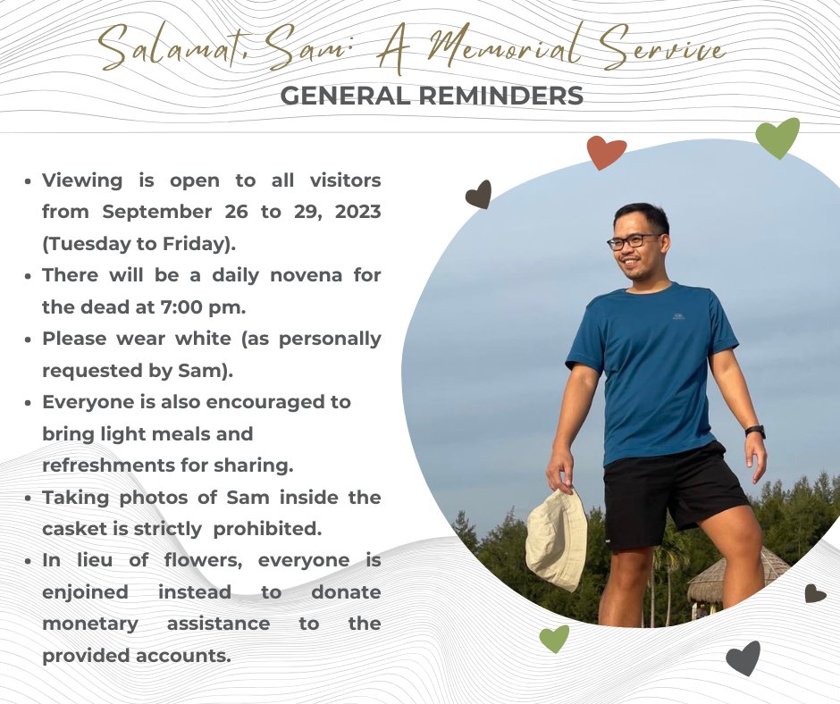 ididobolyuayen's tweet photo. Ating ipagdiwang ang makabuluhang buhay ni Sir Sam!

Narito po ang ilang detalye at paalala para sa ating selebrasyon ng pasasalamat para kay Sir Sam.

Magkita-kita po tayo. Maraming salamat po! https://t.co/S1tRi7DYpL