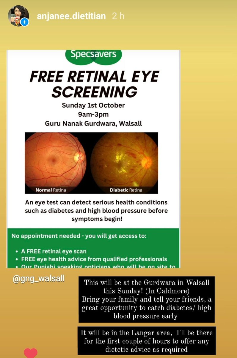 SUNDAY 1/10/23 9am-3pm
📍Guru Nanak Gurdwara, Walsall
FREE Eye screening to detect conditions like high blood pressure or diabetes early! 
Punjabi speaking optoms + I'll be there for the first few hours to give general dietetic advice 🫶
<a href="/BDA_Dietitians/">British Dietetic Association</a> <a href="/FareehaJay/">Fareeha Jay</a> <a href="/SusanPriceRD/">Susan Price (she/her)</a>