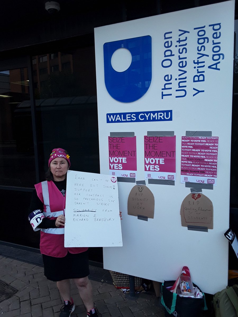 OUr <a href="/oubucu/">Open University UCU</a> members have come from West Wales and Bristol to <a href="/ucu/">UCU</a> picket today. These members can't be here:
Marion E, Richard Bradbury and Emma - whose job is so precarious she daren't strike! 💔✊
#ucuRISING